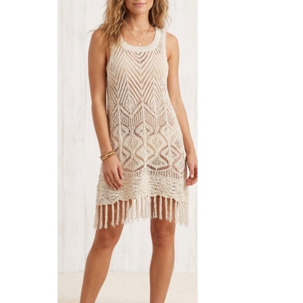 Allison New York Fringe Crochet Tunic Cover Up Cream Beige Size Small EUC